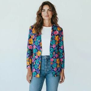 VTG Bechamel Colorful Floral Open Front Blazer Crepe Women's Size Medium Multi